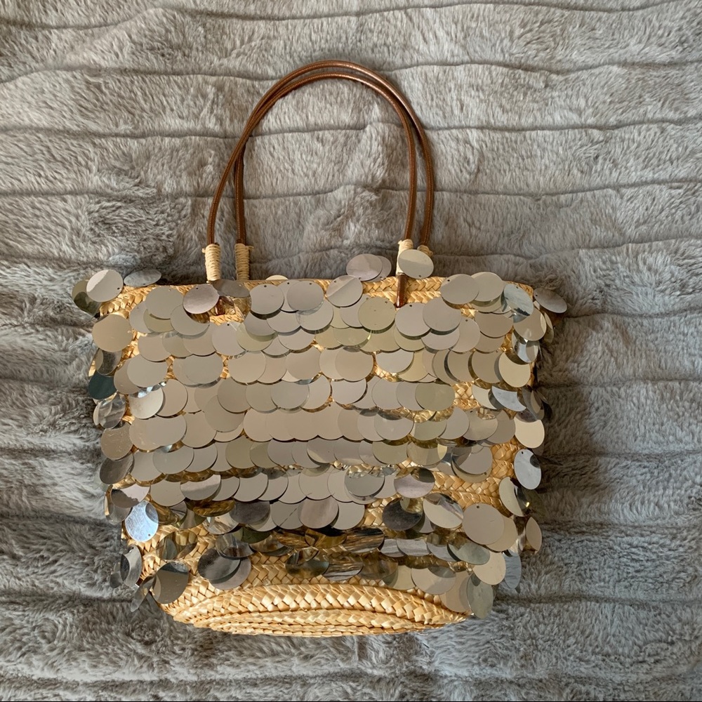 Free People Silver Sequin Straw Handbag Purse